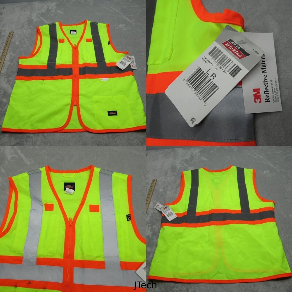 Dickies Safety Vest Mens Large Yellow HiVis 3M Reflective Full Zip Workwear Work
